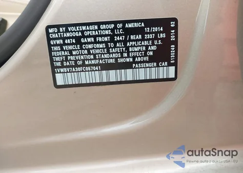 2015 Volkswagen Passat 2.0L Tdi Se from USA, damaged, VIN 1VWBV7A30FC057041